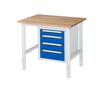 Arbeitstisch aus Holz mit vier blauen Schubladen und einem stabilen Stahlgestell.