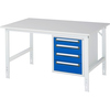 Arbeitstisch mit vier blauen Schubladen, weißer Arbeitsplatte und Stahlrohrgestell.