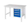 Weißer Arbeitstisch mit blauen Schubladen und vier Ablagefächern.