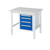 Arbeitstisch mit vier blauen Schubladen und weißer Arbeitsplatte, Seitenansicht.