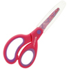 Bunte Bastelschere mit transparenter Klingenhülle und weichen Griffen in pink und lila.