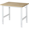 Arbeitstisch mit Holzplatte und einem stabilen weißen Stahlgestell.