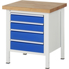Werkbank mit Holzplatte und vier blauen Schubladen, Seitenansicht.