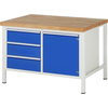 Buchen-Werkbank mit blauen Schubladen und Flügeltür, rechte Seitenansicht.
