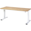 Höhenverstellbarer Arbeitstisch mit Holzplatte und weißen Metallbeinen.