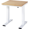 Höhenverstellbarer Arbeitstisch mit Holzplatte und weißen Metallbeinen.