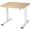 Höhenverstellbarer Arbeitstisch mit Holzplatte und weißen Metallbeinen.