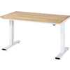 Höhenverstellbarer Arbeitstisch mit Holzplatte und weißen Metallbeinen.