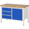 Werkbank mit Buchenplatte, drei blauen Schubladen und einer Flügeltür, weißes Gestell.