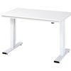 Einstellbarer weißer Arbeitstisch mit zwei Rahmenbeinen und einer flachen Tischplatte.