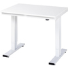 Höhenverstellbarer Arbeitstisch mit einer weißen Oberfläche und Metallbeinen.