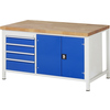 Werkbank mit Holzarbeitsplatte, blauen Schubladen und doppelter Flügeltür in weißem Stahlgestell.