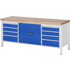 Werkbank mit Holzplatte und blauen Türen sowie acht Schubladen auf beiden Seiten.