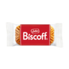 Ein einzeln verpackter Lotus Biscoff-Keks mit rotem Etikett und Wellenrand.