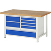 Werkbank mit Holzplatte und blauen Schubladen in weißem Gestell, frontal von links gesehen.