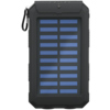 Robuste Solar-Powerbank mit Solarpanel und Karabiner, ideal für Outdoor-Aktivitäten.