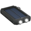 Robuste Solar-Powerbank mit zwei LED-Leuchten und Solarpanel auf einer schwarzen Oberfläche.