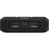Draufsicht auf eine schwarze Powerbank mit zwei USB-Anschlüssen und einem Micro-USB-Port.