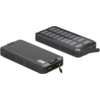 Powerbank mit Solarpanel, LED-Anzeige und mehreren USB-Anschlüssen, aus zwei Perspektiven gezeigt.