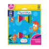Packung mit 24 bunten Buntstiften auf blauem Hintergrund, mit cartoonhaften Figuren.