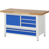 Buchenwerkbank mit blauen Schubladen und einem Unterbau-Container, seitliche Ansicht.