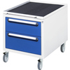 Rollcontainer mit zwei blauen Schubladen und einer perforierten Ablagefläche, auf Rollen.