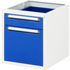 Unterbaucontainer mit zwei Schubladen in Weiß und blauen Fronten, ohne Tischplatte.