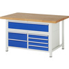 Buchenholzwerkbank mit blauen Schubladen und integriertem Unterbau-Container.