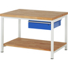 Werkbank mit Buchenplatte, blauer Schublade und weißem Gestell, Seitenansicht.