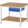 Buchen-Werkbank mit blauer Schublade und unterem Ablageboden, Metallgestell in weiß.