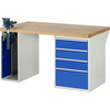Werkbank mit Buchenplatte, Schraubstock, und vier blauen Schubladen.