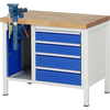 Kompakte Werkbank mit Schraubstock, Holzplatte und blauen Schubladen auf einem stabilen Gestell.