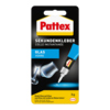 Pattex Sekundenkleber für Glas in blauer Verpackung mit Dosieröffner und Glasklebeanwendung.