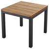 Quadratischer Gartentisch mit Holzoberfläche und Aluminiumgestell.