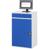 Büromöbel mit blauem Fronthaus, Tastaturauszug und Monitor auf der Oberfläche.