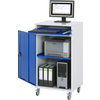Mobiler PC-Arbeitsplatz mit Tastaturfach, Flügeltüren und Platz für Drucker und Aktenordner.