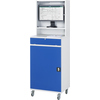 PC-Arbeitsplatz mit abschließbarem Monitorfach, Ablage und Flügeltür in blauer Farbe.