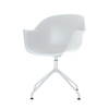 Weißer Drehsessel mit klaren Linien und einfachem Design auf einem Stahlgestell.