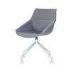 Drehsessel in grau mit schmalen Armlehnen und rollenförmigem Untergestell.