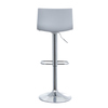 Grauer Barhocker mit verstellbarer Sitzhöhe und stabiler Chrombasis, Rückansicht.