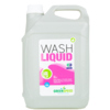 Graue 5-Liter-Plastikflasche mit Waschmittel und farbigem Etikett.