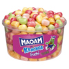 Bunte MAOAM Bonbons in einer transparenten Dose mit farbigem Etikett.