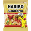 Fruchtgummi in Tütenverpackung mit bunten Goldbären und einem lächelnden Bären-Maskottchen.