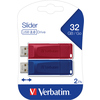 USB-Stick Slider in rot und blau mit 32 GByte Kapazität im Doppelpack auf Verpackung.