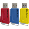 Drei USB-Sticks in rot, blau und gelb mit "Slide & Lock"-Mechanismus und USB-Anschluss.