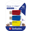 Drei USB-Sticks in rot, blau und gelb mit "Slide & Lock"-Mechanismus in Verpackung.
