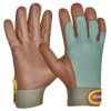Arbeitshandschuhe mit braunem Ziegenleder und grünem Spandex-Handrücken, Ansicht von vorne.