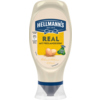 Flasche HELLMANN'S Mayonnaise Real mit 430 ml Inhalt und Abbildung von Eiern auf dem Etikett.