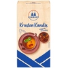 Verpackung von DIAMANT Krusten Kandis mit einer Tasse Tee und Kandiskristallen im Hintergrund.