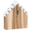 Holzfarbener Serviettenhalter in Hausform mit Platz für Servietten oben.